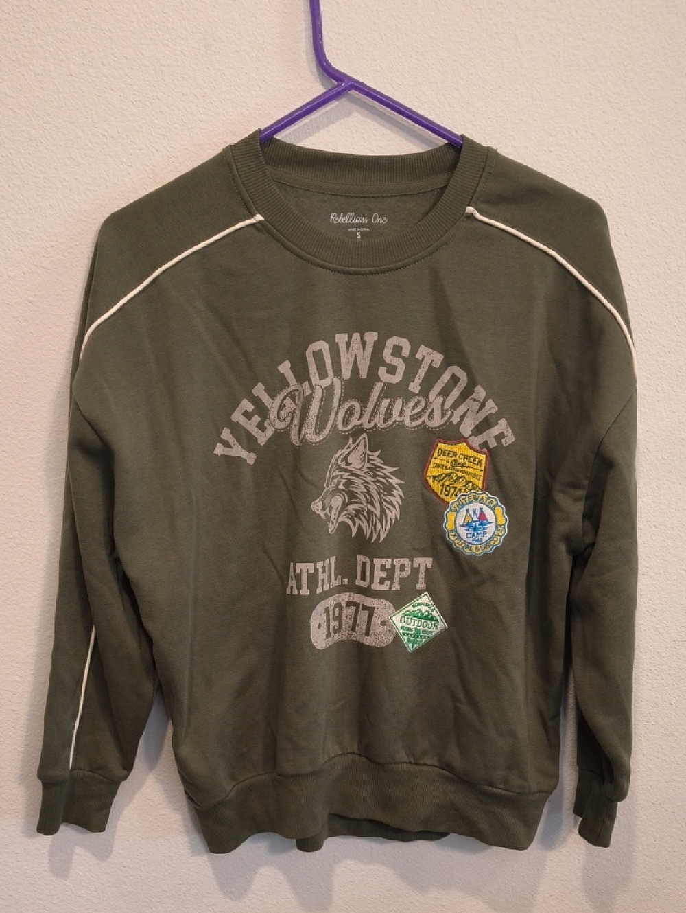 Rebellious One Olive Crewneck with Yellowstone Wolves Graphic Small